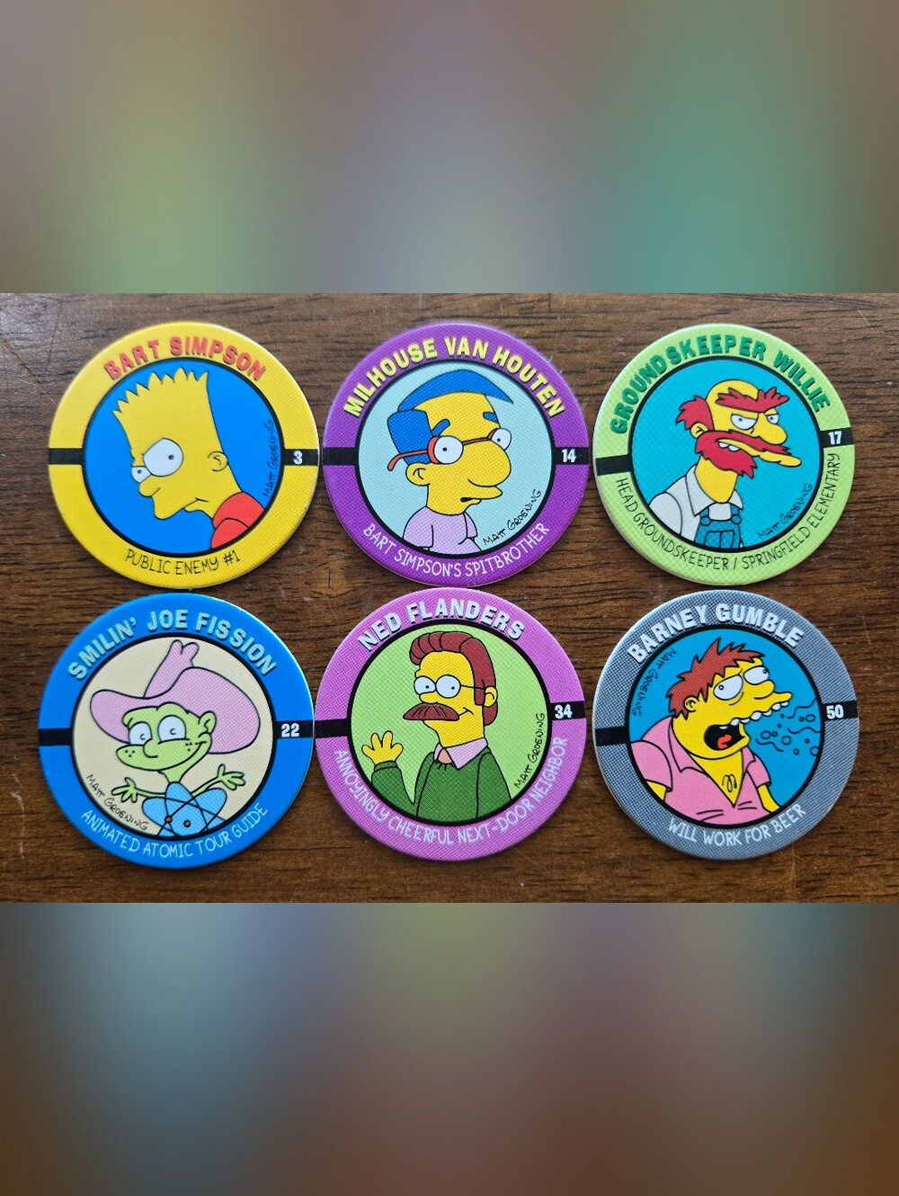 Set of 6 Vintage 1994 Simpsons Pogs SkyCaps from Skybox